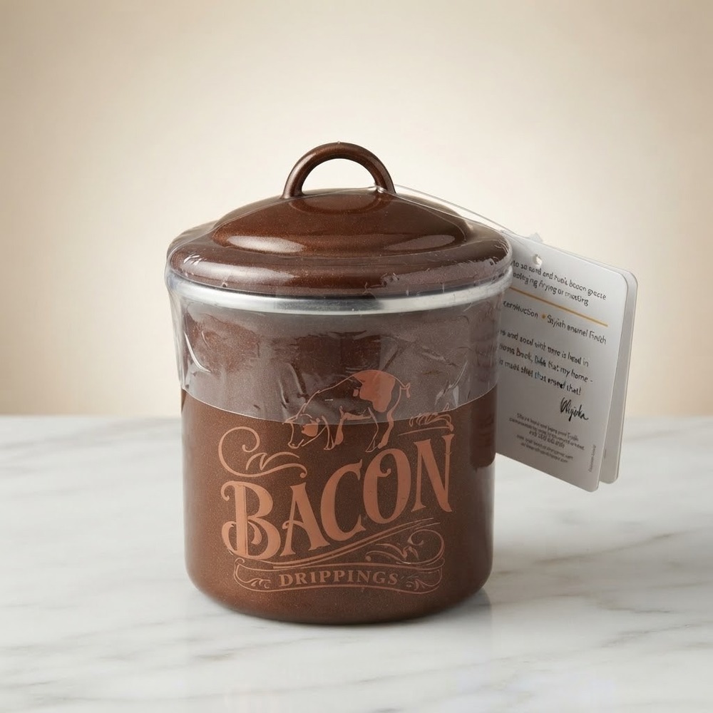 New Ayesha Curry Enamel On Steel Bacon Grease Keeper Can Brown Speckled Lid